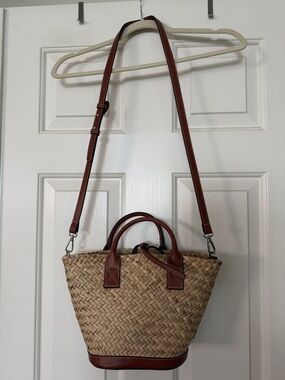 Woven Straw Tote Bag with Brown Leather Trim
